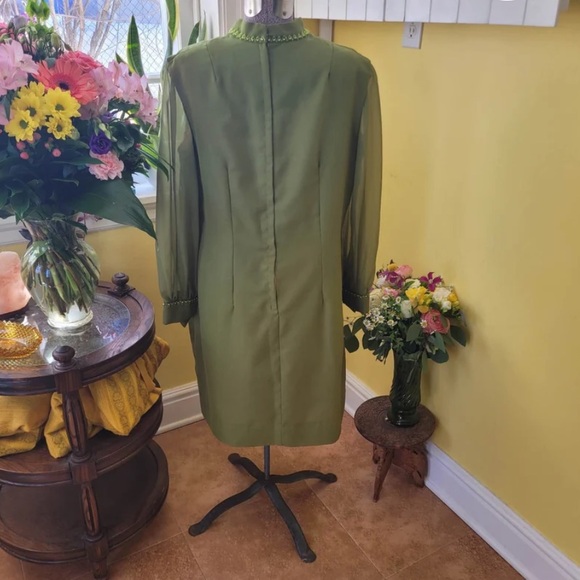 Embellished Olive Green Long Sleeve Shift Dress - Picture 2 of 7